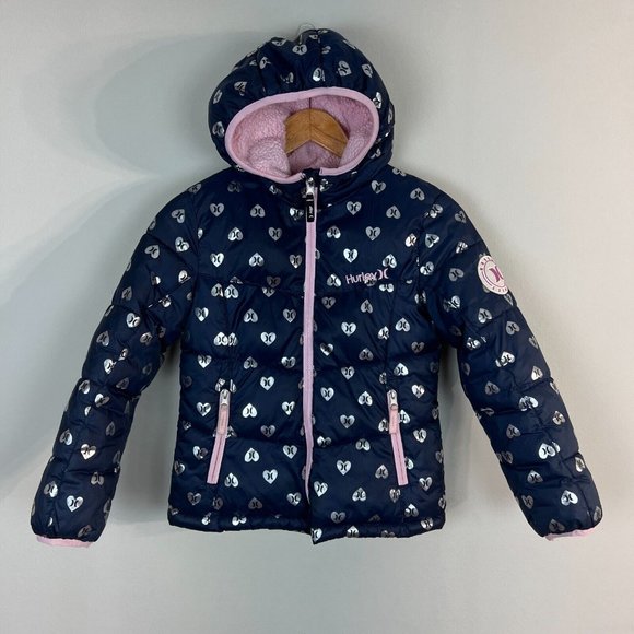 Hurley Puffer Jacket Girls S 8 10 Heart Navy Silver Fleece Lined Hooded Full Zip - Picture 14 of 14